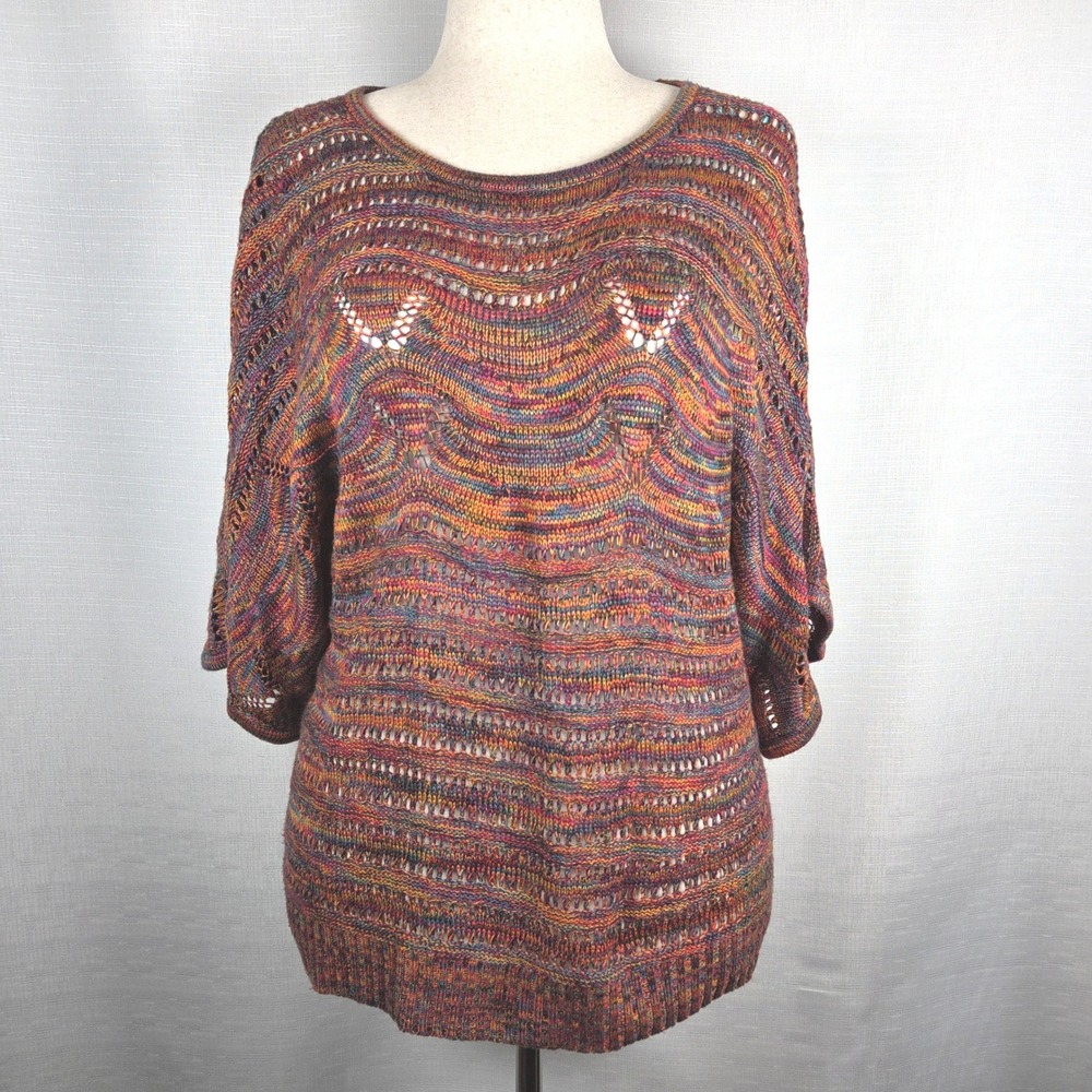 Dress‎ Barn Multicolor Open Knit 3/4 Sleeve Sweater Top Women's L Boho Festival